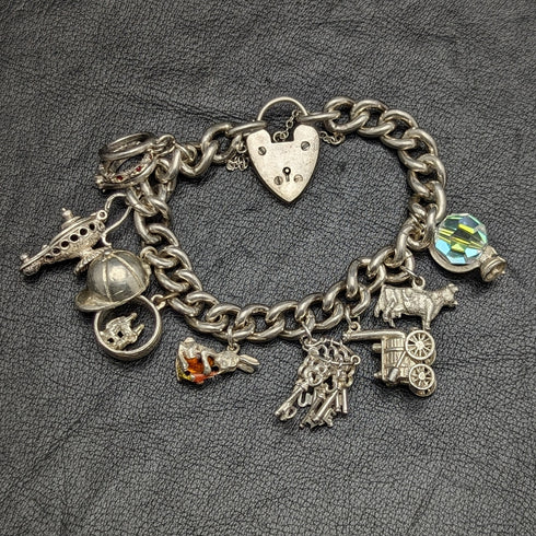 British vintage sterling silver charm bracelet 71g